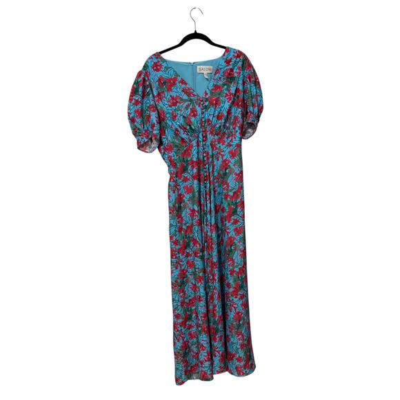 Saloni 100% Silk Blue Pink Lea Floral Print Altrd Maxi Dress Size US 14 UK 18 - Picture 3 of 11